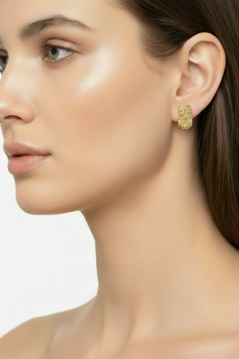 Textured Gold Rectangle Stud Earrings - Profile Shot