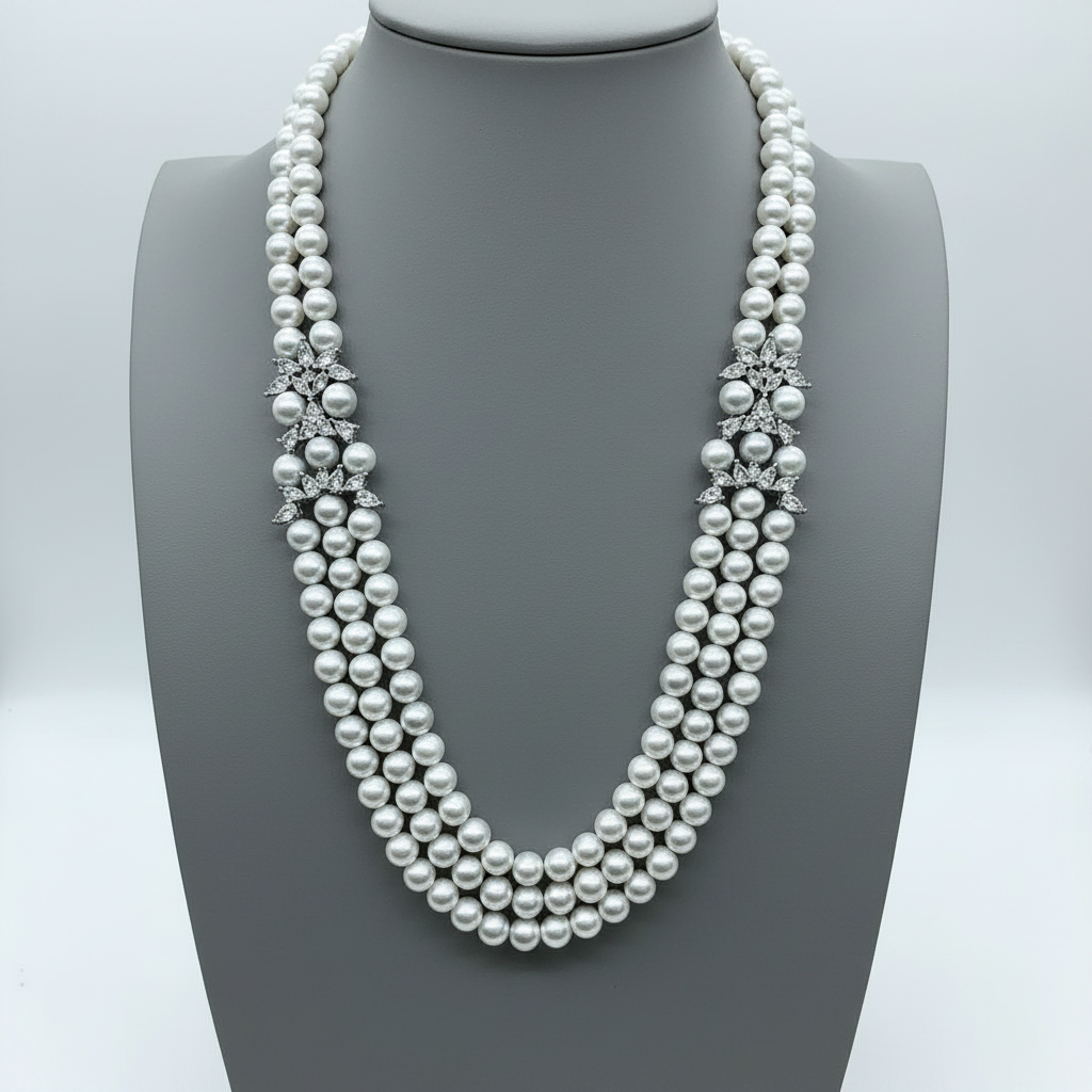 Triple Strand Pearl Necklace Plain Grey Bust